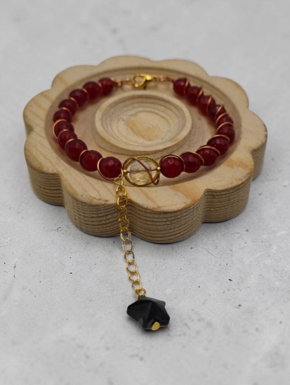 Handmade Wire Wrapped Red Bead with Star Charm Dangle Bracelet